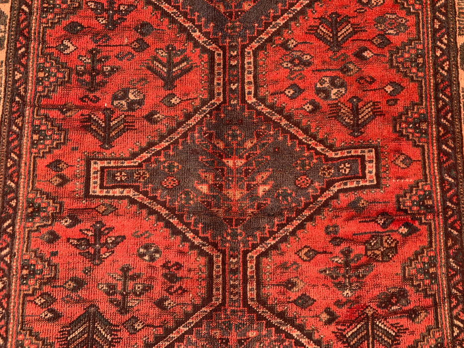 KBHM-1174 Handgeknoopt Perzisch wollen tapijt – 226 x 140 cm Rood, bruin & perzik tribaal medaillon vloerkleed