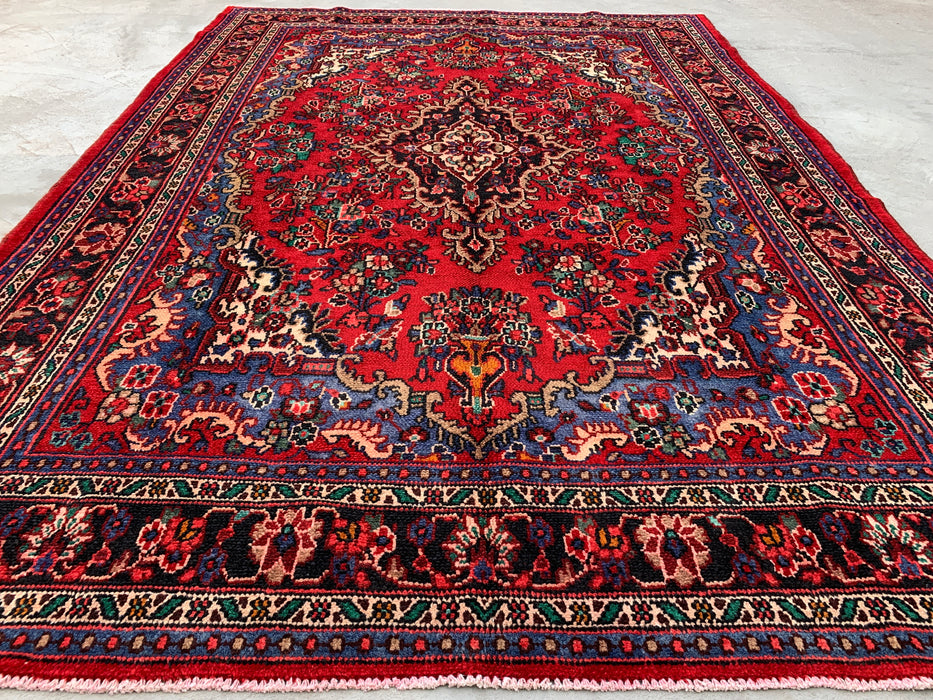 Handgemaakt Perzisch wollen vloerkleed 7x10 - Rood, blauw & ivoor traditioneel Perzisch bloemendessin - Exacte afmeting 10'2" x 7'0" - KBHM-1179