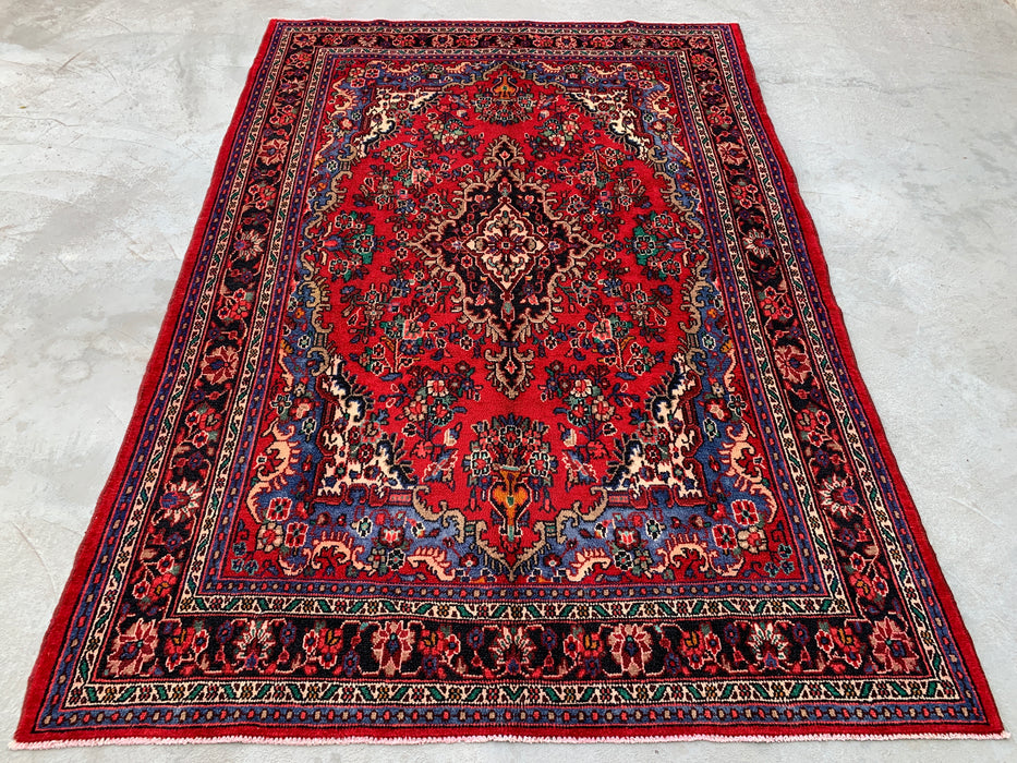 Handgemaakt Perzisch wollen vloerkleed 7x10 - Rood, blauw & ivoor traditioneel Perzisch bloemendessin - Exacte afmeting 10'2" x 7'0" - KBHM-1179