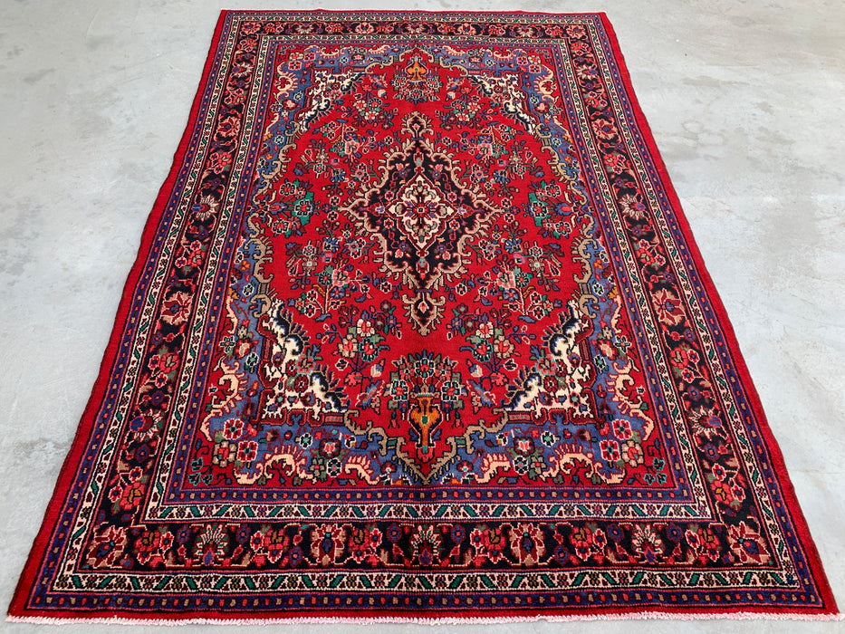 Handgemaakt Perzisch wollen vloerkleed 7x10 - Rood, blauw & ivoor traditioneel Perzisch bloemendessin - Exacte afmeting 10'2" x 7'0" - KBHM-1179