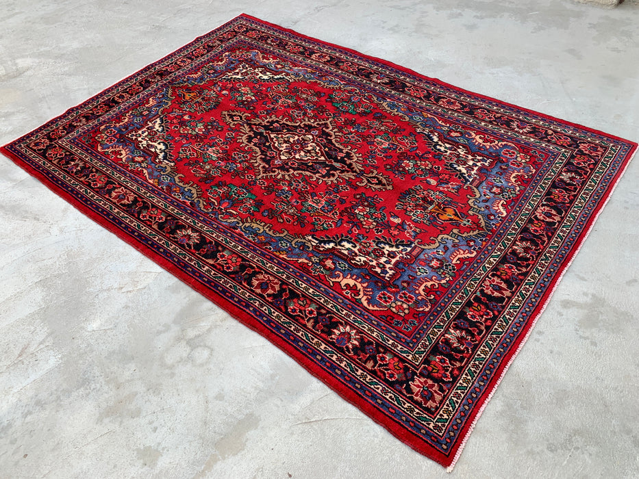 Handgemaakt Perzisch wollen vloerkleed 7x10 - Rood, blauw & ivoor traditioneel Perzisch bloemendessin - Exacte afmeting 10'2" x 7'0" - KBHM-1179