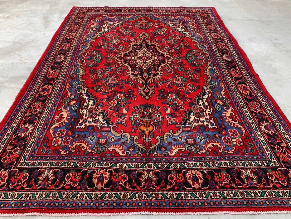 Handgemaakt Perzisch wollen vloerkleed 7x10 - Rood, blauw & ivoor traditioneel Perzisch bloemendessin - Exacte afmeting 10'2" x 7'0" - KBHM-1179