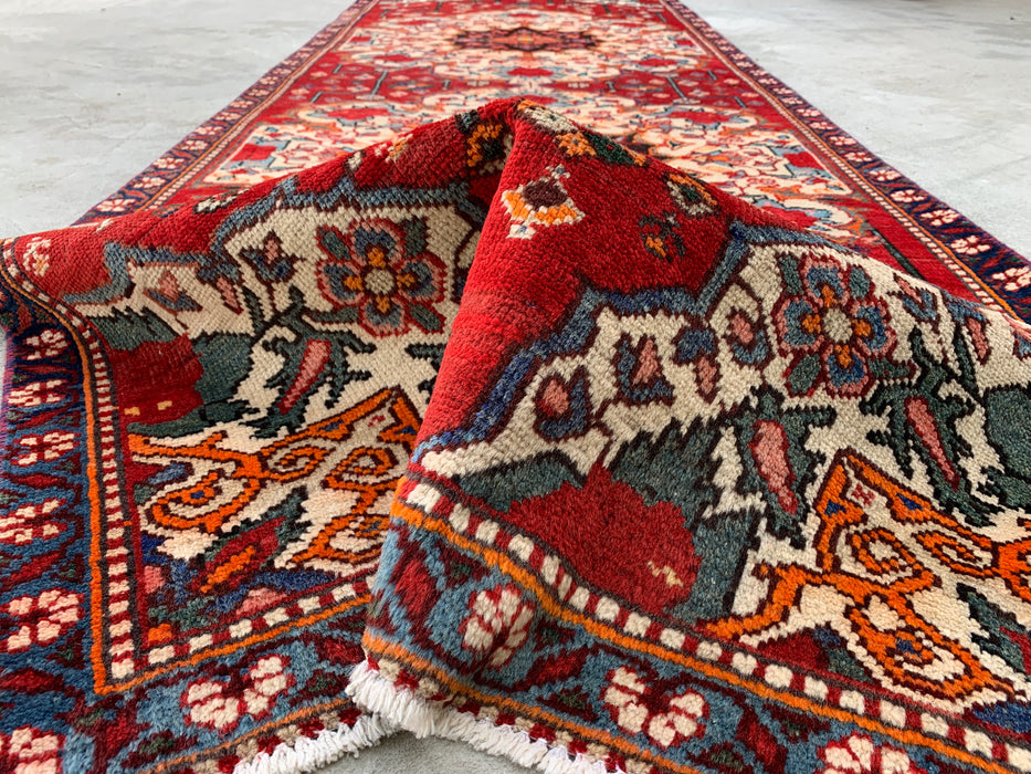 KBHM-1183 Handgeknoopt Perzisch wollen loper tapijt – 305 x 99 cm Rood, Ivoor & Marineblauw Traditionele bloemenloper