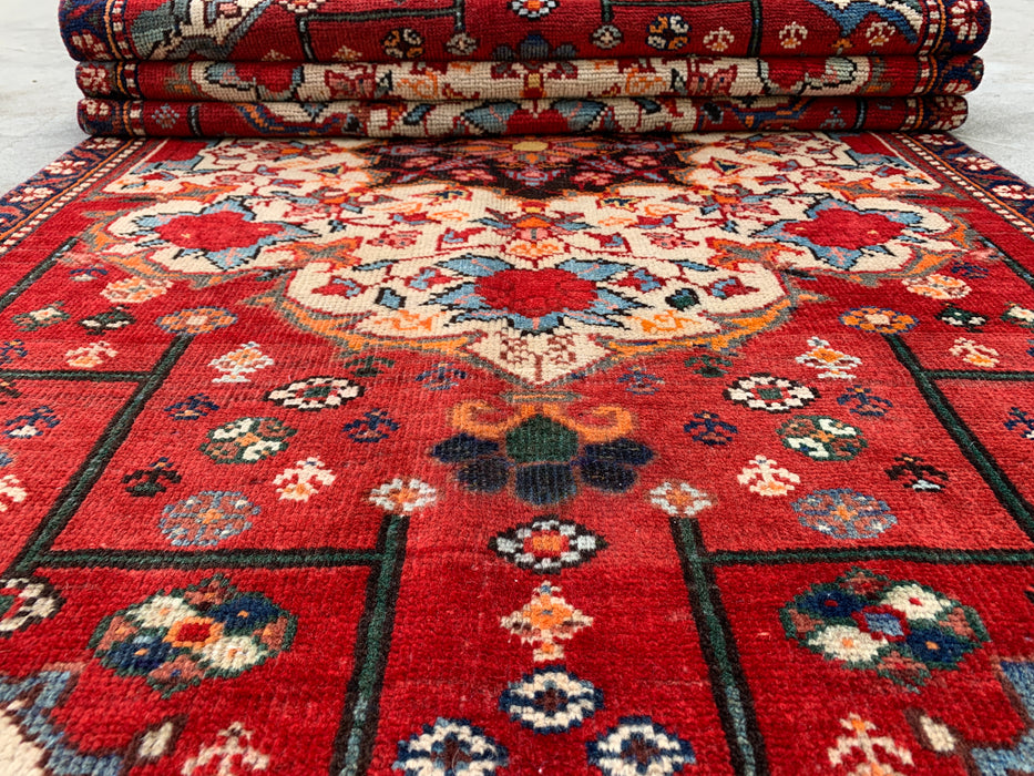 KBHM-1183 Handgeknoopt Perzisch wollen loper tapijt – 305 x 99 cm Rood, Ivoor & Marineblauw Traditionele bloemenloper