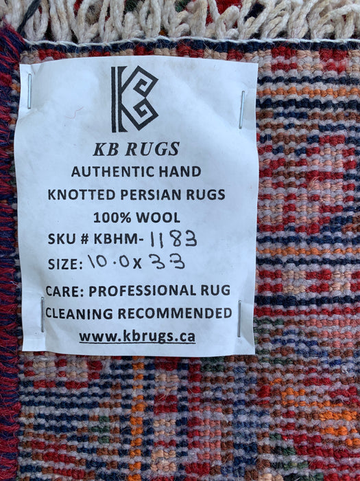 KBHM-1183 Handgeknoopt Perzisch wollen loper tapijt – 305 x 99 cm Rood, Ivoor & Marineblauw Traditionele bloemenloper