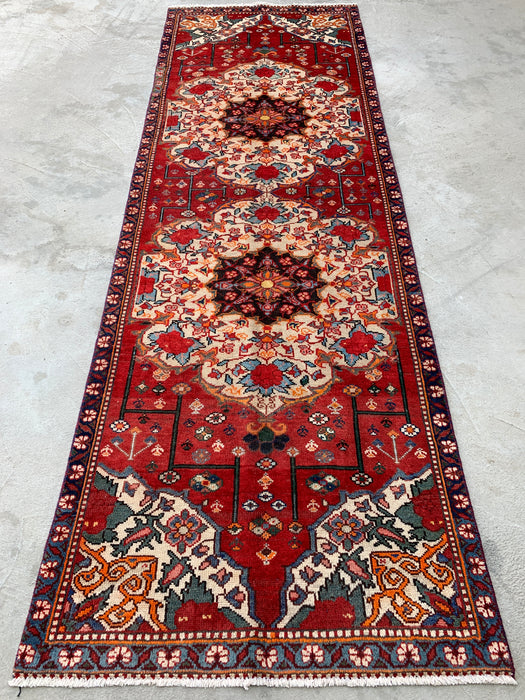 KBHM-1183 Handgeknoopt Perzisch wollen loper tapijt – 305 x 99 cm Rood, Ivoor & Marineblauw Traditionele bloemenloper
