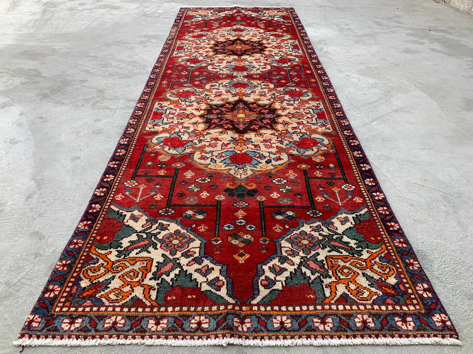 KBHM-1183 Handgeknoopt Perzisch wollen loper tapijt – 305 x 99 cm Rood, Ivoor & Marineblauw Traditionele bloemenloper