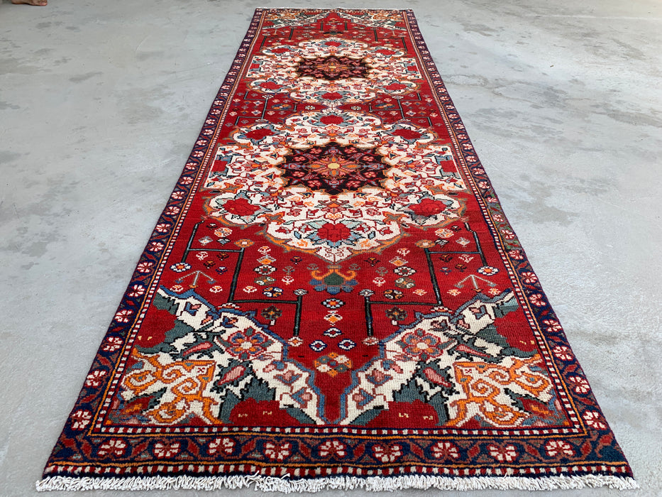 KBHM-1183 Handgeknoopt Perzisch wollen loper tapijt – 305 x 99 cm Rood, Ivoor & Marineblauw Traditionele bloemenloper