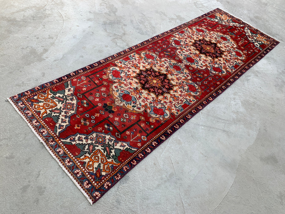 KBHM-1183 Handgeknoopt Perzisch wollen loper tapijt – 305 x 99 cm Rood, Ivoor & Marineblauw Traditionele bloemenloper
