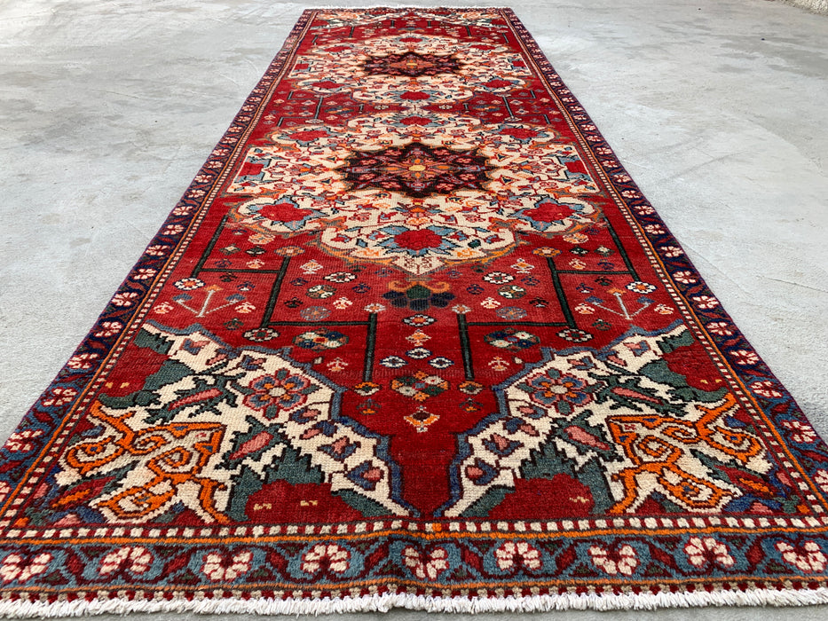 KBHM-1183 Handgeknoopt Perzisch wollen loper tapijt – 305 x 99 cm Rood, Ivoor & Marineblauw Traditionele bloemenloper