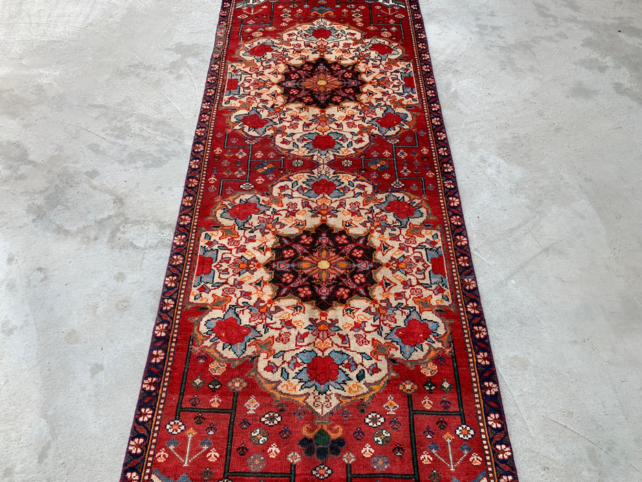 KBHM-1183 Handgeknoopt Perzisch wollen loper tapijt – 305 x 99 cm Rood, Ivoor & Marineblauw Traditionele bloemenloper