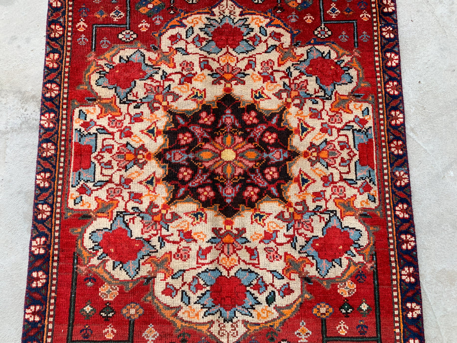KBHM-1183 Handgeknoopt Perzisch wollen loper tapijt – 305 x 99 cm Rood, Ivoor & Marineblauw Traditionele bloemenloper