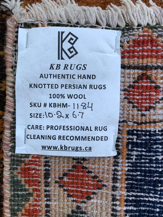Handmade Persian Wool Area Rug 7x10 - Rusty Orange, Brown and Dark Beige Bakhtiari Persian Style Rug - Exact Size 10'2" x 6'7" - KBHM-1184