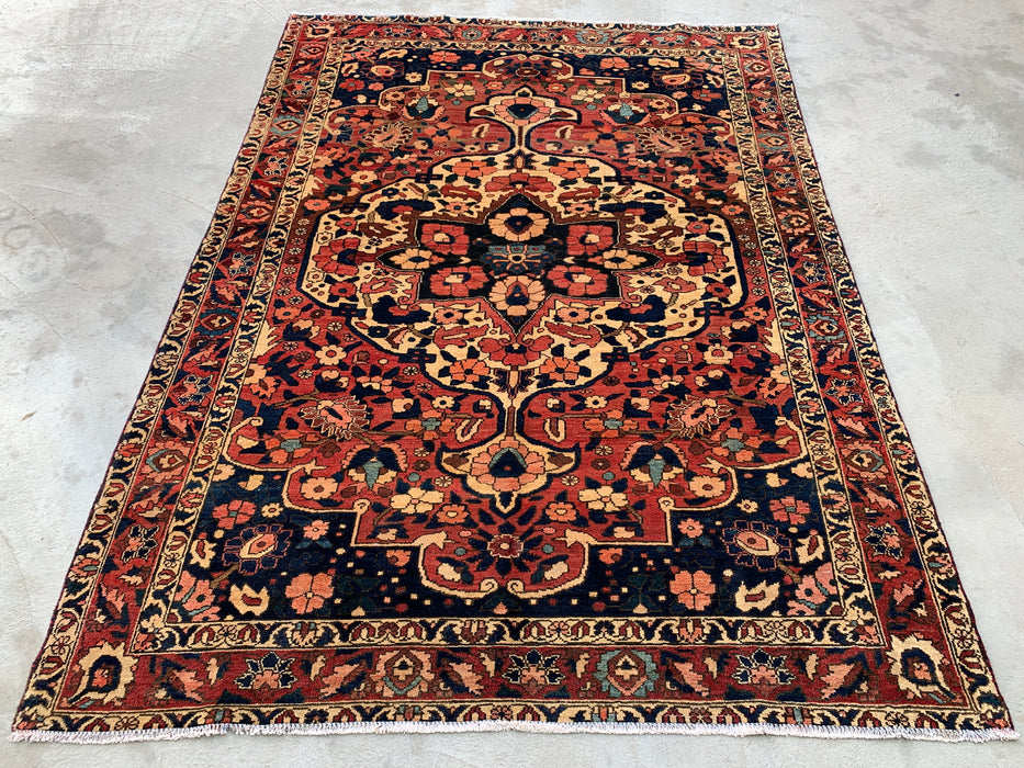 Handgeknoopt Perzisch wollen tapijt 7'4 x 5'6 – Marineblauw, rood & ivoorkleurig bloemenmedaillon tapijt – KBHM-1185