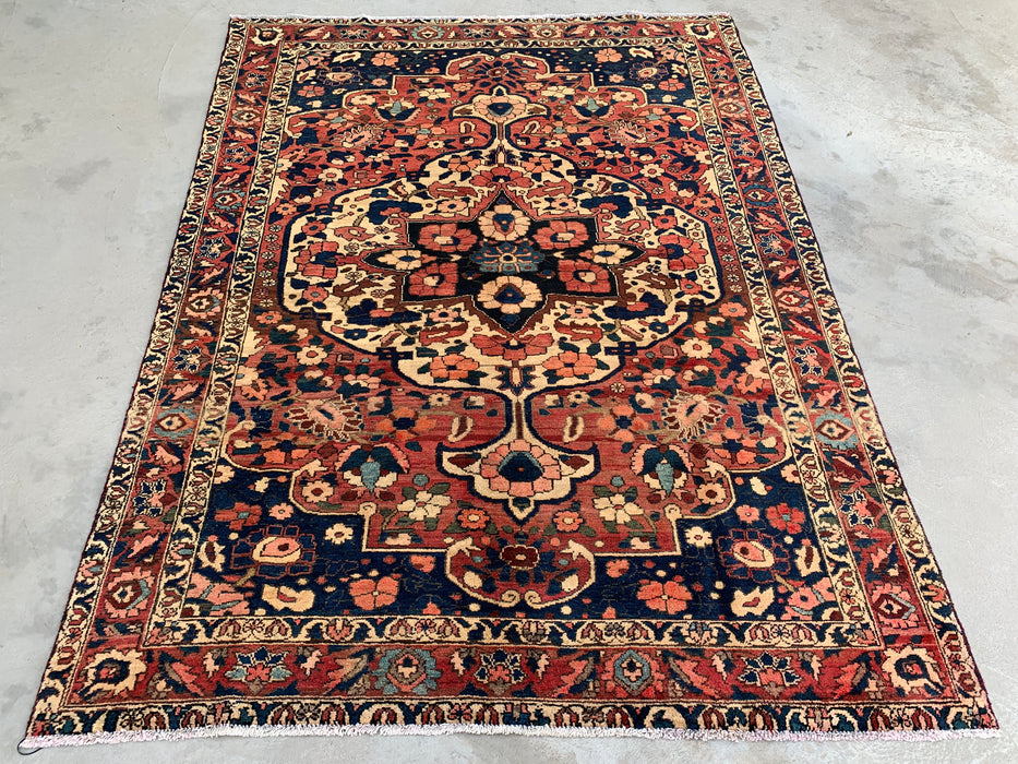 Handgeknoopt Perzisch wollen tapijt 7'4 x 5'6 – Marineblauw, rood & ivoorkleurig bloemenmedaillon tapijt – KBHM-1185