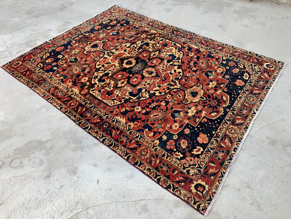 Handgeknoopt Perzisch wollen tapijt 7'4 x 5'6 – Marineblauw, rood & ivoorkleurig bloemenmedaillon tapijt – KBHM-1185
