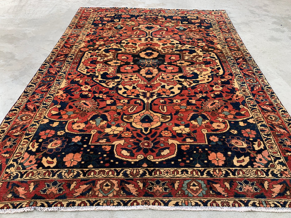 Handgeknoopt Perzisch wollen tapijt 7'4 x 5'6 – Marineblauw, rood & ivoorkleurig bloemenmedaillon tapijt – KBHM-1185