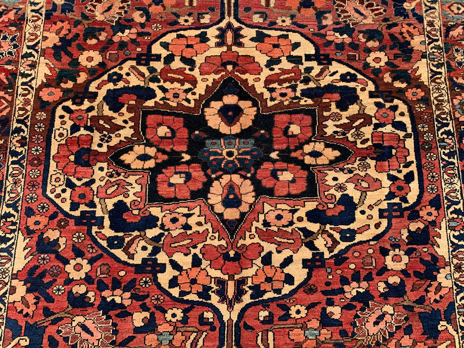 Handgeknoopt Perzisch wollen tapijt 7'4 x 5'6 – Marineblauw, rood & ivoorkleurig bloemenmedaillon tapijt – KBHM-1185