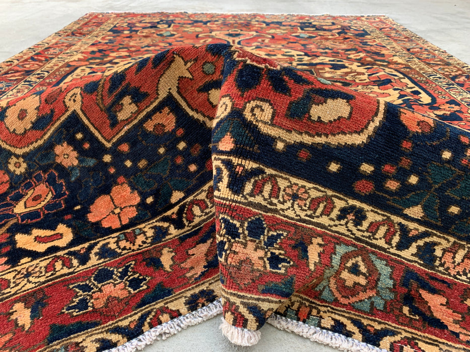 Handgeknoopt Perzisch wollen tapijt 7'4 x 5'6 – Marineblauw, rood & ivoorkleurig bloemenmedaillon tapijt – KBHM-1185
