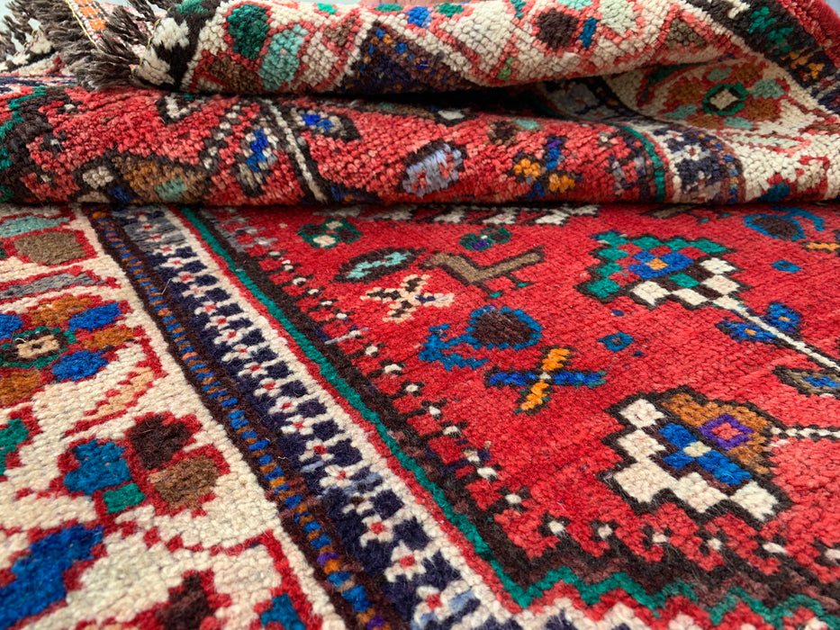 Met de hand geknoopt Perzisch wollen tapijt 3'7 x 2'6 Rood Ivoor Tribaal accentkleed - KBHM-1189