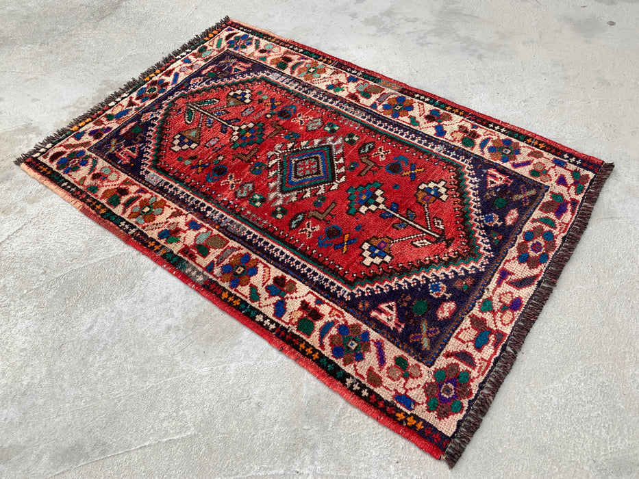 Met de hand geknoopt Perzisch wollen tapijt 3'7 x 2'6 Rood Ivoor Tribaal accentkleed - KBHM-1189