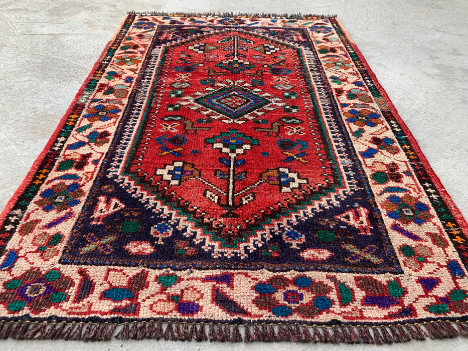 Met de hand geknoopt Perzisch wollen tapijt 3'7 x 2'6 Rood Ivoor Tribaal accentkleed - KBHM-1189