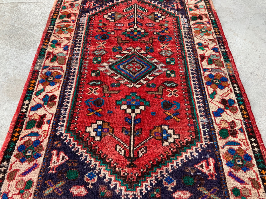 Met de hand geknoopt Perzisch wollen tapijt 3'7 x 2'6 Rood Ivoor Tribaal accentkleed - KBHM-1189