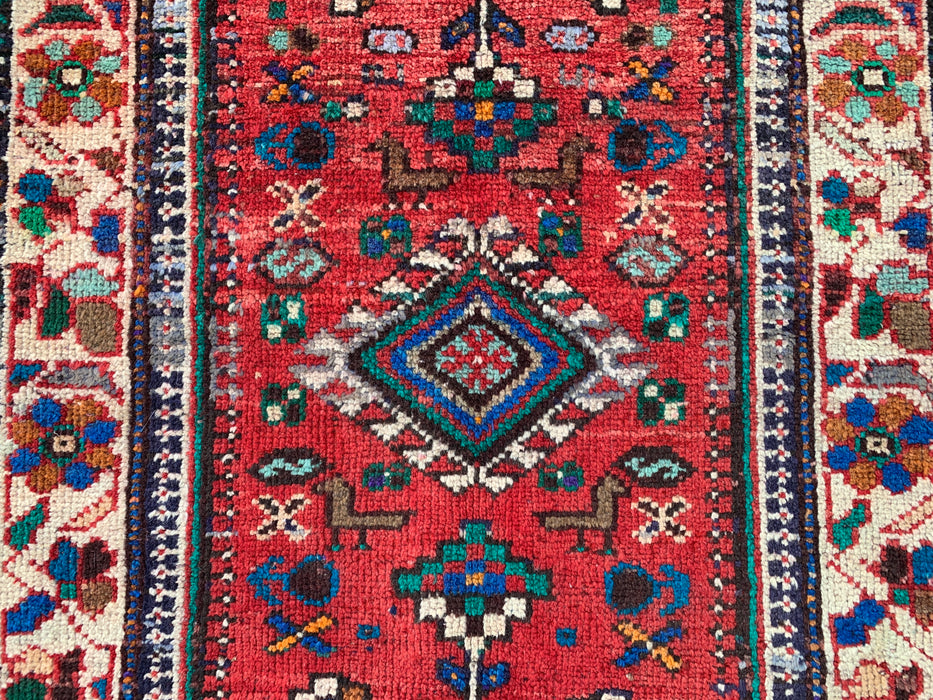 Met de hand geknoopt Perzisch wollen tapijt 3'7 x 2'6 Rood Ivoor Tribaal accentkleed - KBHM-1189