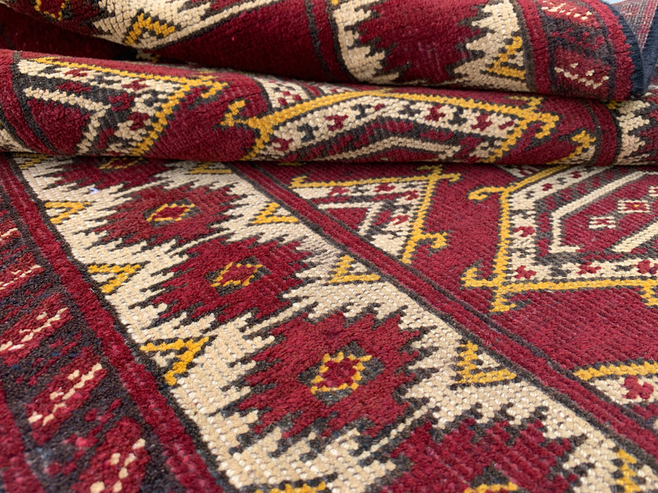 KBHM-1190 Handgeknoopt Perzisch wollen tapijt – 104 x 66 cm Rood, ivoor & zwart tribaal accentkleed