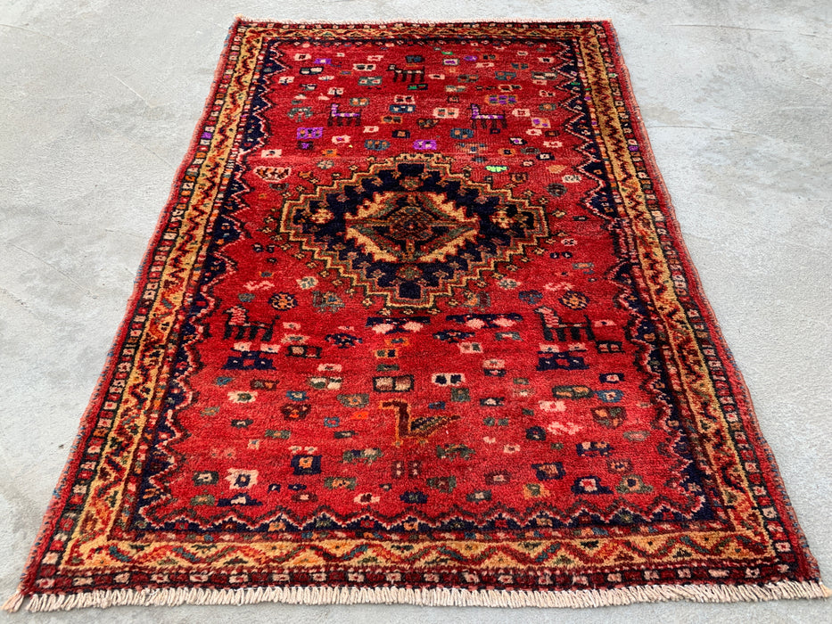 Handgeknoopt Perzisch wollen vloerkleed 117 x 84 cm Rood, Marineblauw & Ivoor Tribaal accentkleed - KBHM-1192