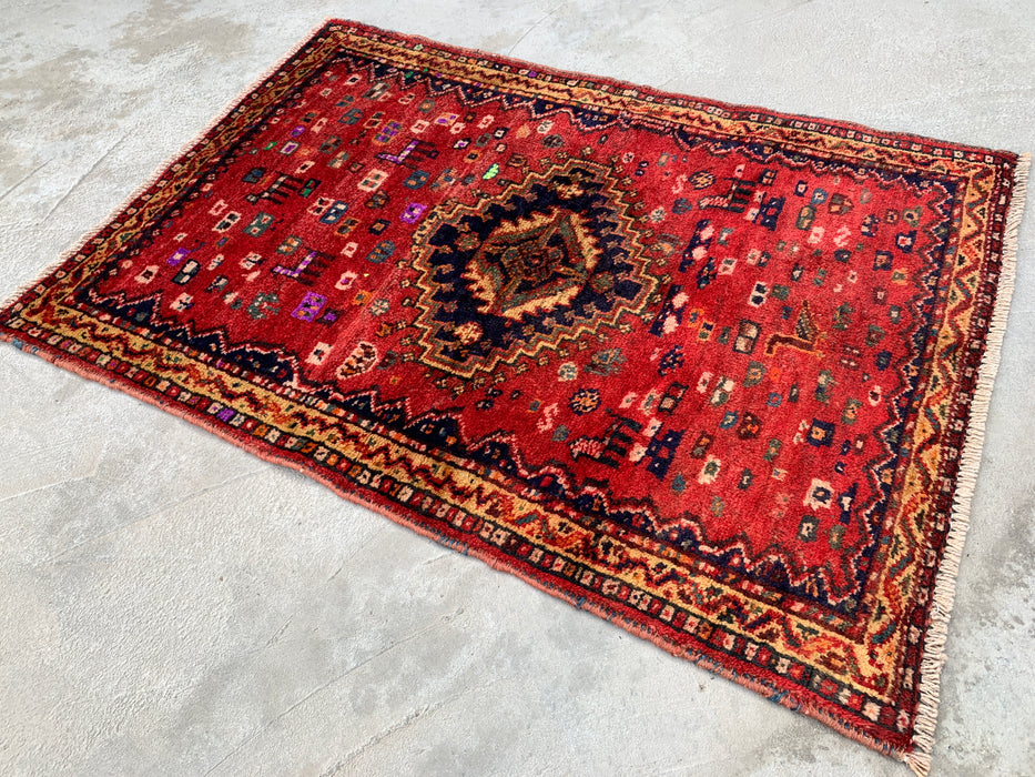 Handgeknoopt Perzisch wollen vloerkleed 117 x 84 cm Rood, Marineblauw & Ivoor Tribaal accentkleed - KBHM-1192