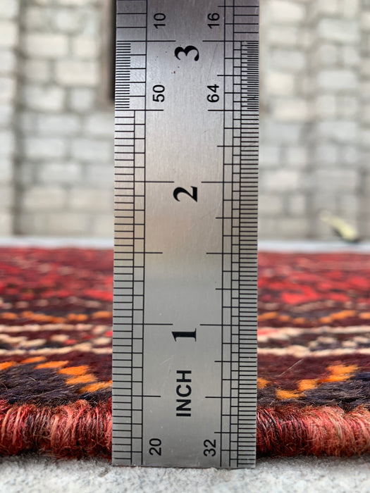Handgeknoopt Perzisch wollen tapijt 4'2 x 2'6 Rood, bruin & ivoor tribaal accentkleed - KBHM-1193