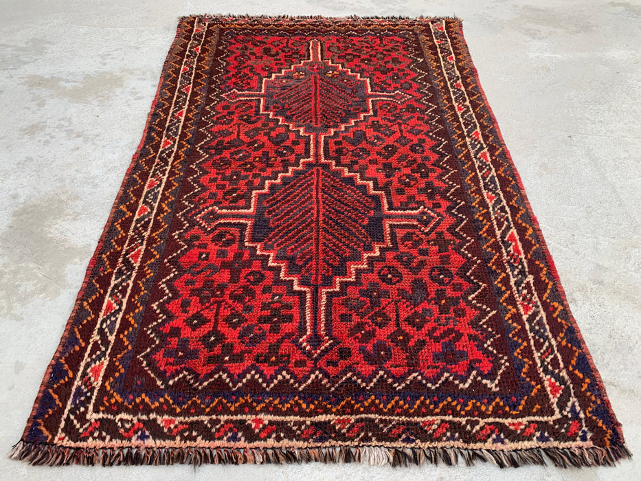 Handgeknoopt Perzisch wollen tapijt 4'2 x 2'6 Rood, bruin & ivoor tribaal accentkleed - KBHM-1193