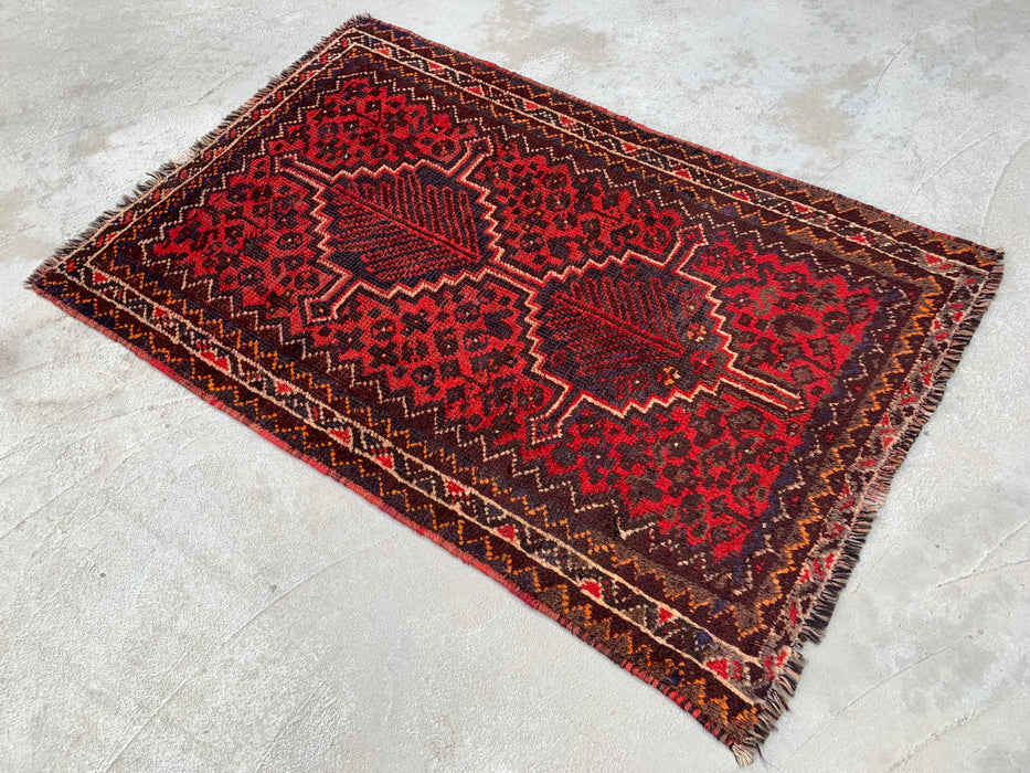 Handgeknoopt Perzisch wollen tapijt 4'2 x 2'6 Rood, bruin & ivoor tribaal accentkleed - KBHM-1193
