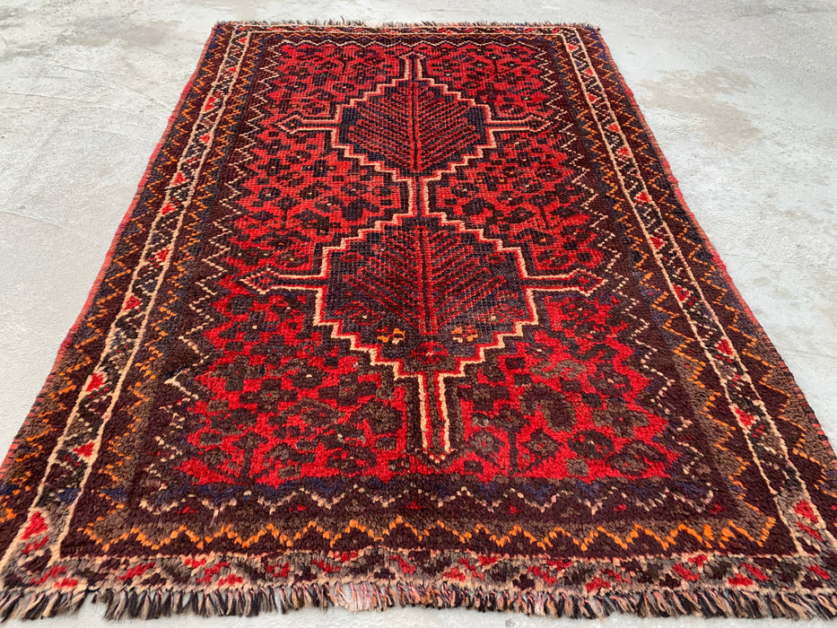 Handgeknoopt Perzisch wollen tapijt 4'2 x 2'6 Rood, bruin & ivoor tribaal accentkleed - KBHM-1193