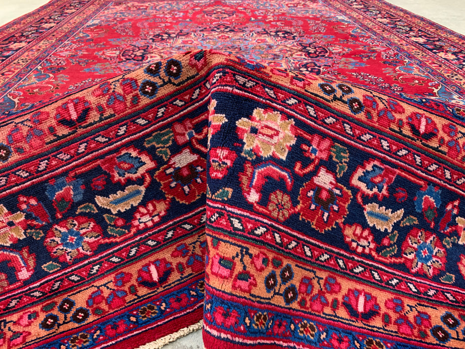 KBHM-1199 Handgeknoopt Perzisch wollen tapijt – 345 cm x 246 cm Rood, marineblauw & blush traditioneel bloemenmedaillon karpet