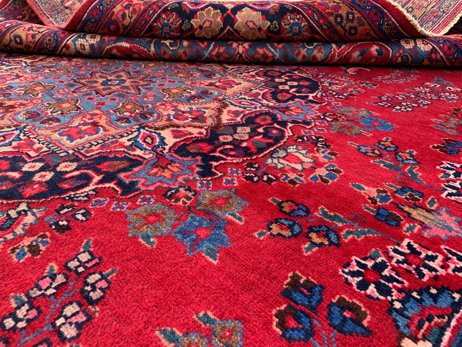 KBHM-1199 Handgeknoopt Perzisch wollen tapijt – 345 cm x 246 cm Rood, marineblauw & blush traditioneel bloemenmedaillon karpet