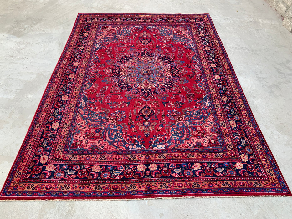 KBHM-1199 Handgeknoopt Perzisch wollen tapijt – 345 cm x 246 cm Rood, marineblauw & blush traditioneel bloemenmedaillon karpet