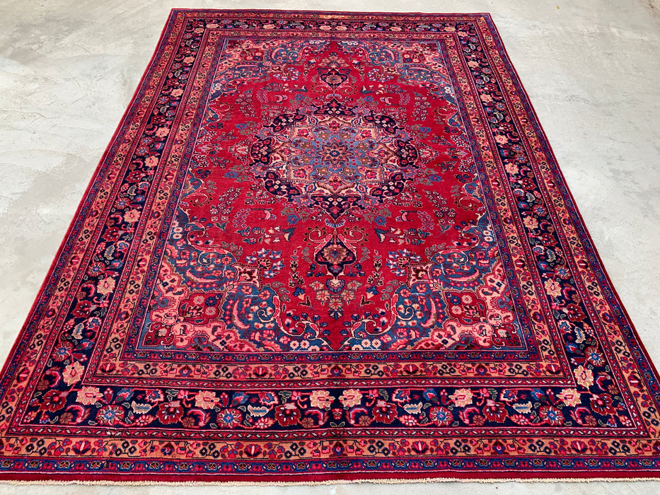 KBHM-1199 Handgeknoopt Perzisch wollen tapijt – 345 cm x 246 cm Rood, marineblauw & blush traditioneel bloemenmedaillon karpet
