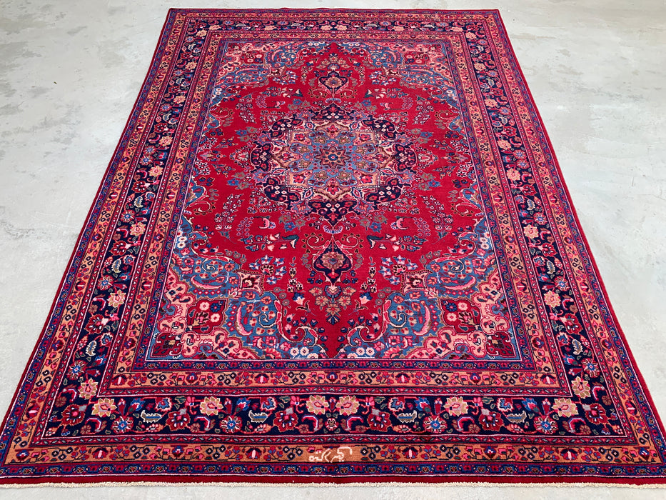 KBHM-1199 Handgeknoopt Perzisch wollen tapijt – 345 cm x 246 cm Rood, marineblauw & blush traditioneel bloemenmedaillon karpet