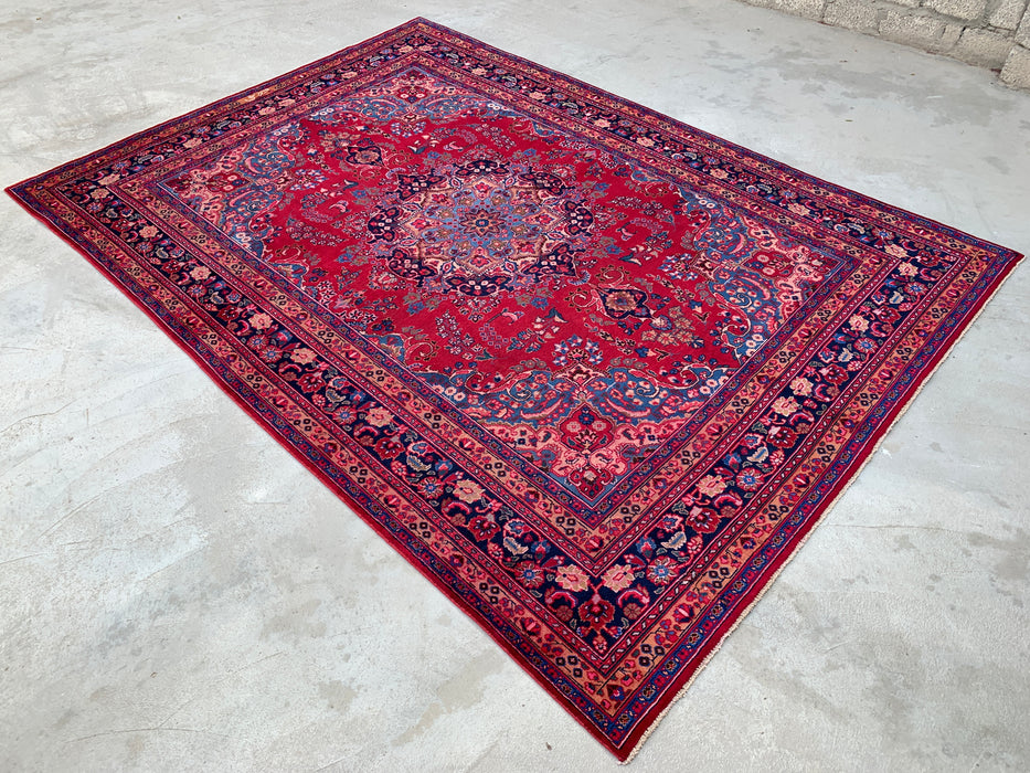 KBHM-1199 Handgeknoopt Perzisch wollen tapijt – 345 cm x 246 cm Rood, marineblauw & blush traditioneel bloemenmedaillon karpet