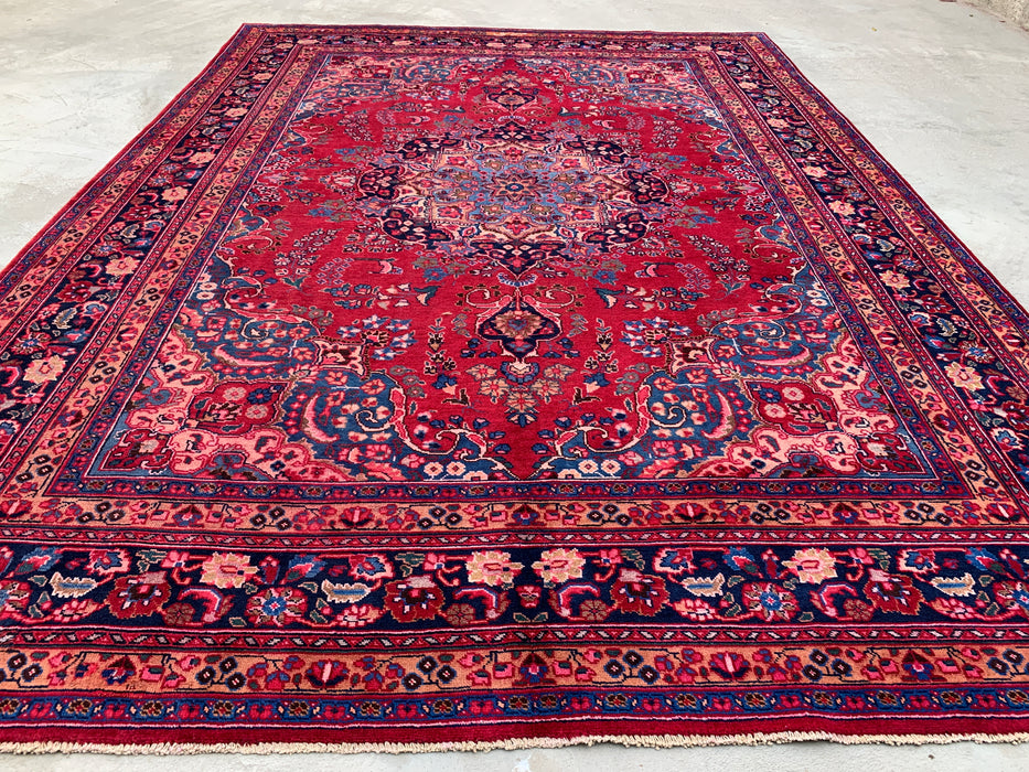 KBHM-1199 Handgeknoopt Perzisch wollen tapijt – 345 cm x 246 cm Rood, marineblauw & blush traditioneel bloemenmedaillon karpet