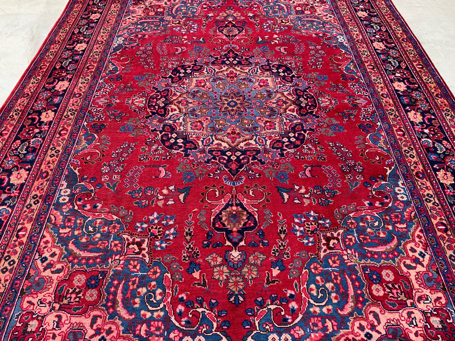 KBHM-1199 Handgeknoopt Perzisch wollen tapijt – 345 cm x 246 cm Rood, marineblauw & blush traditioneel bloemenmedaillon karpet