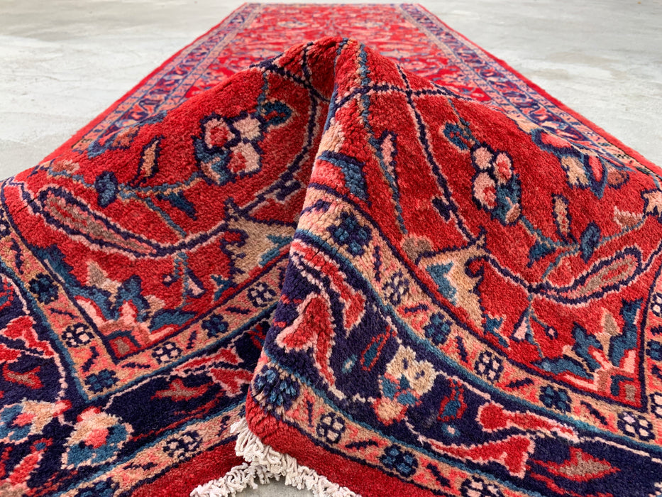 KBHM-1202 Hand-Knotted Persian Wool Runner Rug – 10'10" x 3'5" Red, Navy & Ivory Floral Runner