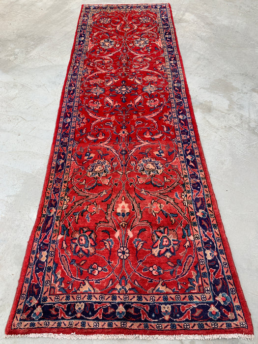 KBHM-1202 Hand-Knotted Persian Wool Runner Rug – 10'10" x 3'5" Red, Navy & Ivory Floral Runner
