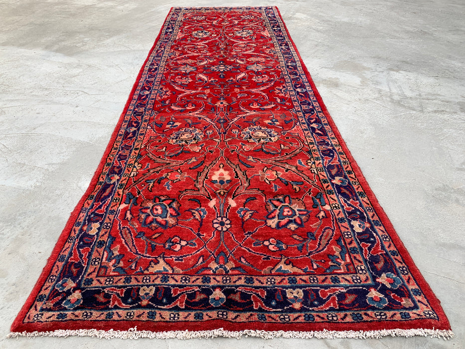 KBHM-1202 Hand-Knotted Persian Wool Runner Rug – 10'10" x 3'5" Red, Navy & Ivory Floral Runner