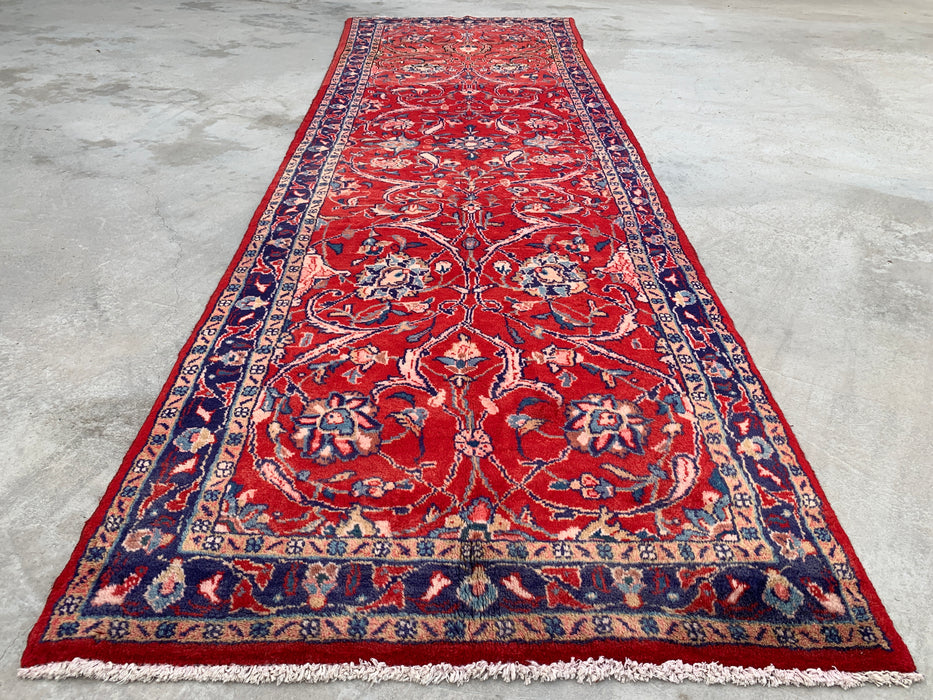 KBHM-1202 Hand-Knotted Persian Wool Runner Rug – 10'10" x 3'5" Red, Navy & Ivory Floral Runner