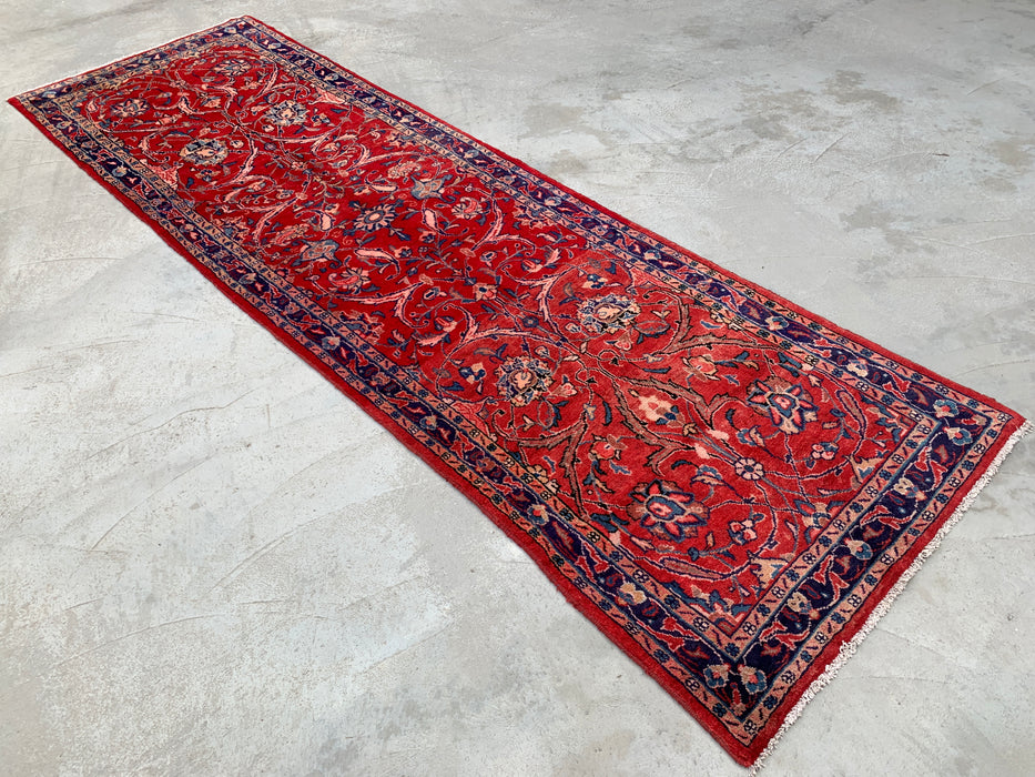 KBHM-1202 Hand-Knotted Persian Wool Runner Rug – 10'10" x 3'5" Red, Navy & Ivory Floral Runner