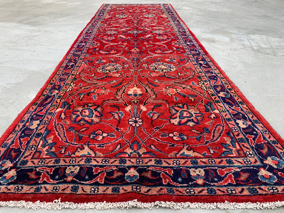 KBHM-1202 Hand-Knotted Persian Wool Runner Rug – 10'10" x 3'5" Red, Navy & Ivory Floral Runner