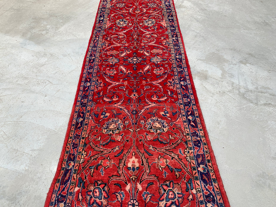 KBHM-1202 Hand-Knotted Persian Wool Runner Rug – 10'10" x 3'5" Red, Navy & Ivory Floral Runner